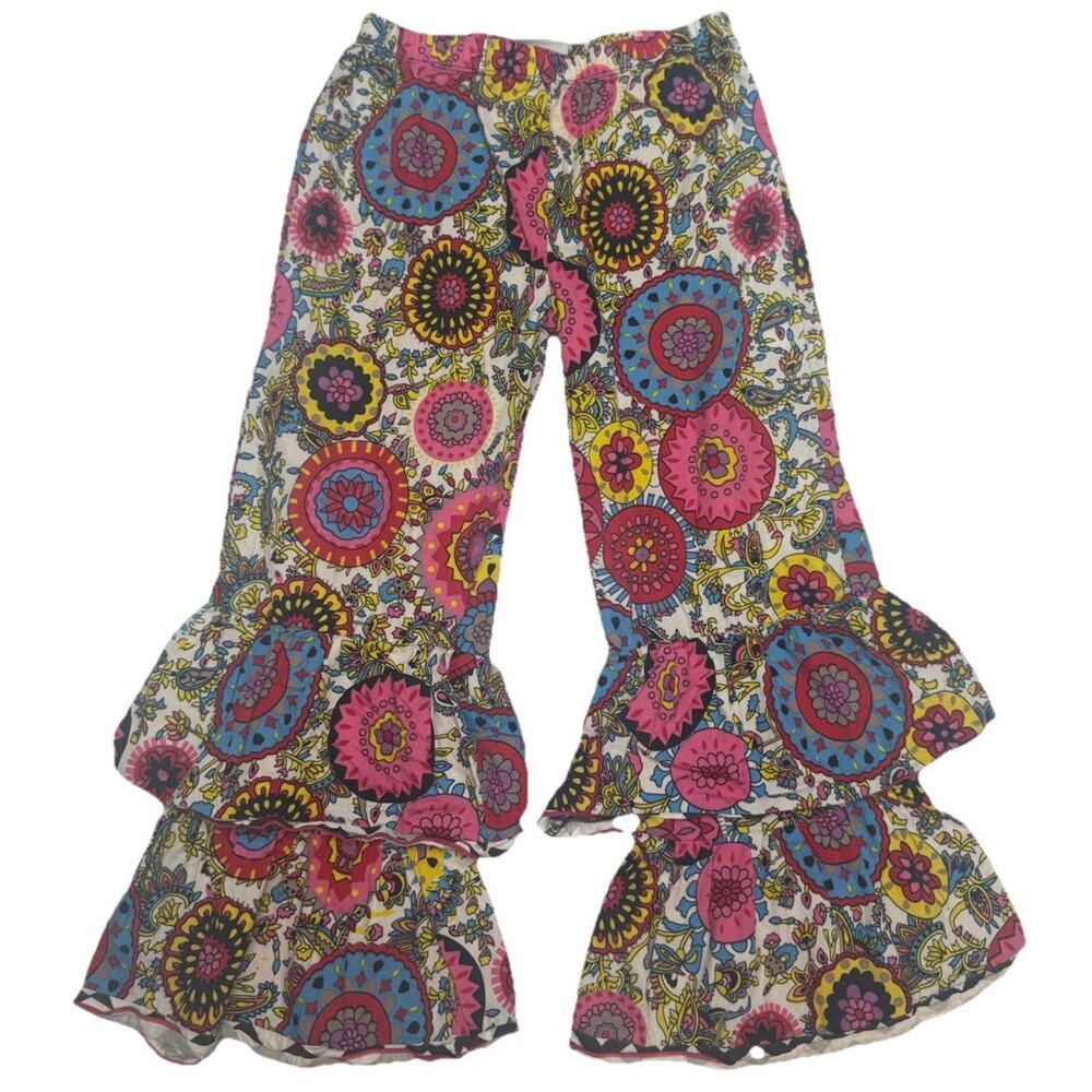 Ann Loren Girls Size 7/8 Floral Paisley Bell Bottom Ruffle Pants Boho